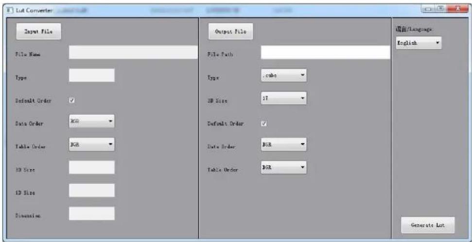 Lut Converter Input File File Name Type Default Order ✓ Data Order BCR Table Order BCR 3D Size 1D Size Dimension Output File File Path Type .cube 3D Size 17 Default Order ✓ Data Order BCR Table Order BCR 语言/Language English Generate Lot