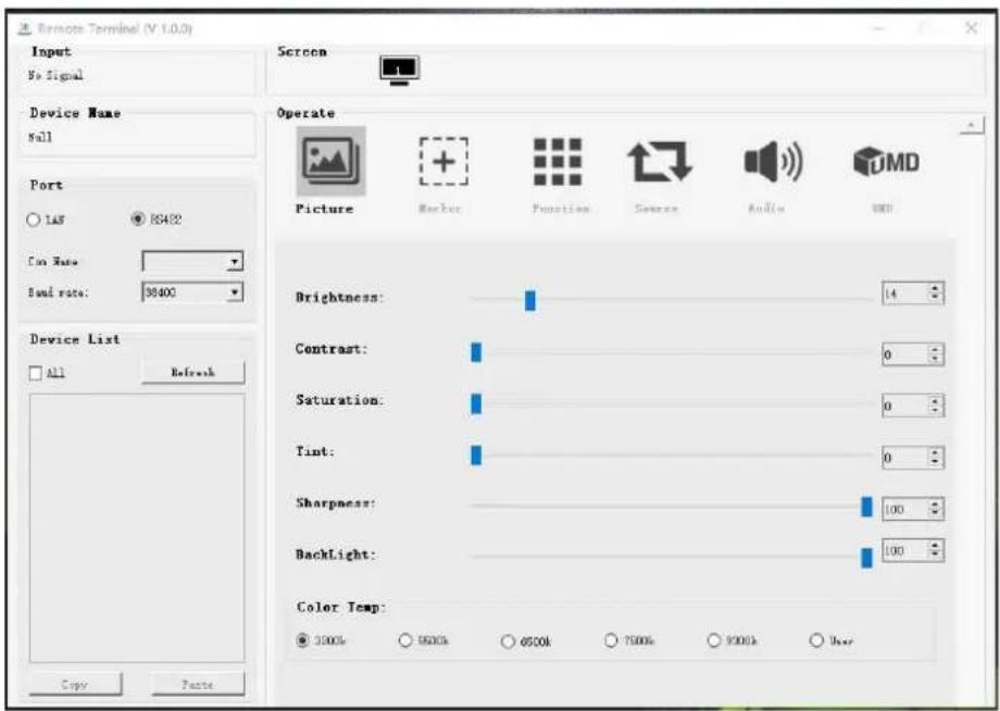 Remote Terminal (V 1.0.0) Input No Signal Device Name Wall Port LAN RS482 Con Name: Band rate: 35400 Device List ALL Refresh Copy Paste Screen Operate Picture Marker Function Source Audio SMD Brightness: 14 Contrast: 0 Saturation: 0 Tint: 0 Sharpness: 100 Backlight: 100 Color Temp: 3500k 9500k 6500k 7500k 9300k User