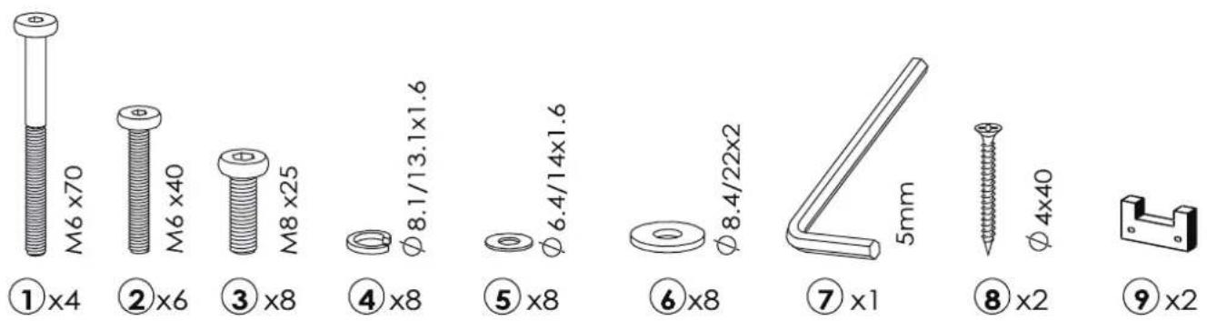 M6 x70 ①x4 ②x6 M6 x40 ③x8 M8 x25 ④x8 Ø 8.1/13.1x1.6 ⑤x8 Ø 6.4/14x1.6 ⑥x8 Ø 8.4/22x2 ⑦x1 5mm ⑧x2 Ø 4x40 ⑨x2
