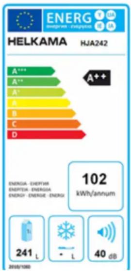 ENERG Energy: Energy HELKAMA HJA242 A*** A** A' A B C D A++ ENERGIA - ENEPTHR ENEPTUA - ENERGIA ENERGY - ENERGIIE - ENERGI 102 kWh/annum L 241 L L 40 dB 2018/1000