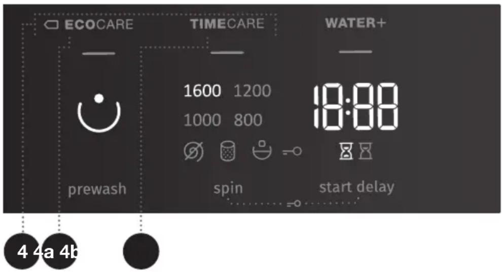 ECOCARE TIMECARE WATER+ 1600 1200 1000 800 18:00 prewash spin start delay 4 4a 4b