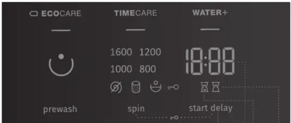 ECOCARE TIMECARE WATER+ 1600 1200 1000 800 18:00 prewash spin start delay