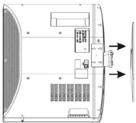 Technical diagram of a device rear panel with labeled components and directional arrows indicating flow or movement.
