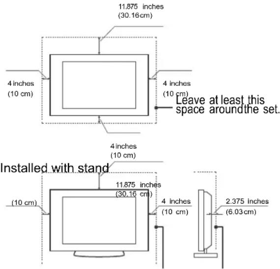 11.875 inches (30.16 cm) 4 inches (10 cm) 4 inches (10 cm) Leave at least this space around the set. 4 inches (10 cm) Installed with stand 11.875 inches (30.16 cm) 4 inches (10 cm) 2.375 inches (6.03 cm)