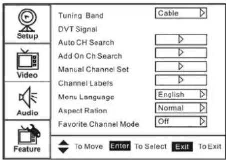 Setup Tuning Band Cable DVT Signal Auto CH Search Add On Ch Search Manual Channel Set Channel Labels Menu Language English Aspect Ration Normal Favorite Channel Mode Off Feature To Move Enter To Select Exit To Exit