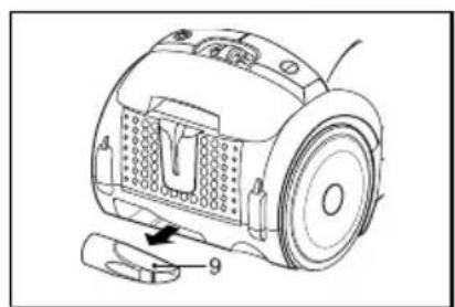 Technical diagram of a vacuum cleaner with labeled parts and directional arrow indicating motion