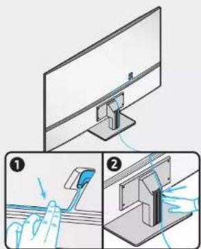 Diagram illustrating two-step cleaning process: first shows screen view with tool, second shows hand holding tool with blue liquid, both demonstrating step ① and ②.