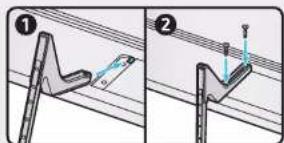 Technical diagram showing two-step installation of a metal bracket with a support and mounting detail, labeled with numbers ① and ②.