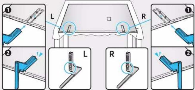 Diagram illustrating the assembly of a table frame with labeled parts L and R, showing step-by-step assembly instructions.