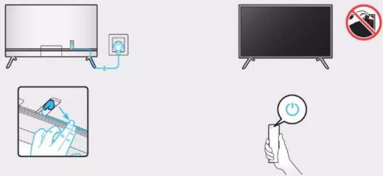 Illustration showing three different behaviors of a TV: connected to a power outlet, cleaning a cable, and using a power button.