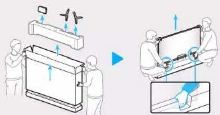 Diagram illustrating two steps of a mechanical or electrical assembly process, showing tool positioning and alignment with workers.