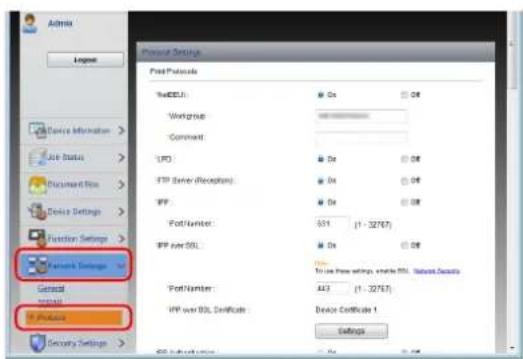 Admin Login Personal Settings Post Properties WebSEL: On OK Workload: Comment: LPG: On OK FTP Server (Reception): On OK IPP: On OK Port/Number: 501 (1 - 32767) IPP per SQL: On OK To use free settings, enable SSL Server Security Port/Number: 443 (1 - 32767) IPP per SQL Certificate Device Certificate 1 Settings Security Settings General System IP Provider Security Settings