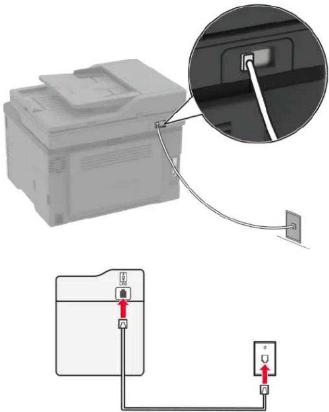 LEXMARK CX431 - Asennus 1: Tulostin on liitetty erilliseen faksilinjaan. - 1