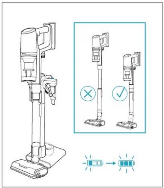 Diagram showing a vacuum cleaner with two variants and a battery icon, illustrating status check and battery operation.