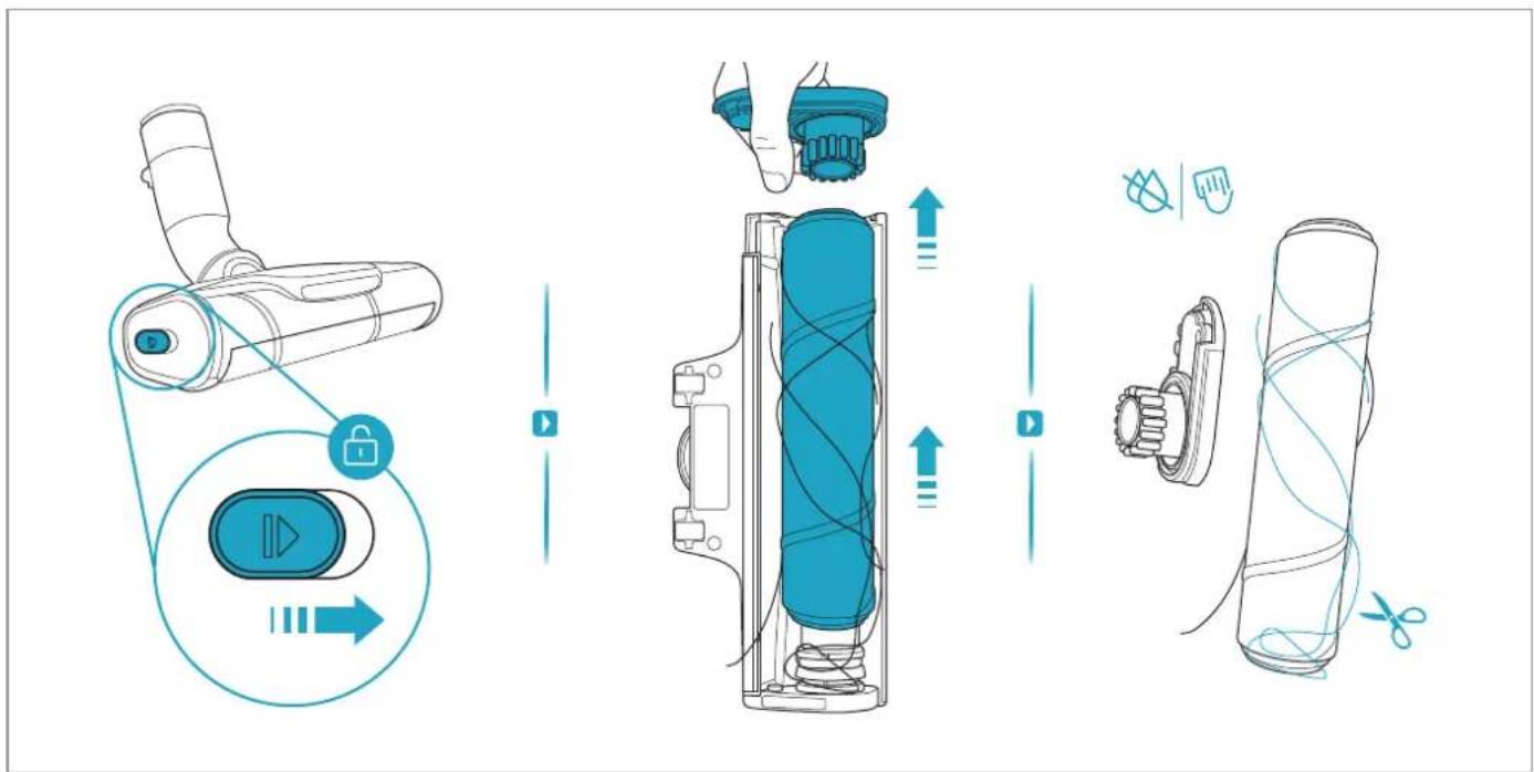Diagram illustrating the assembly of a handheld device with labeled parts and directional arrows indicating motion or assembly.