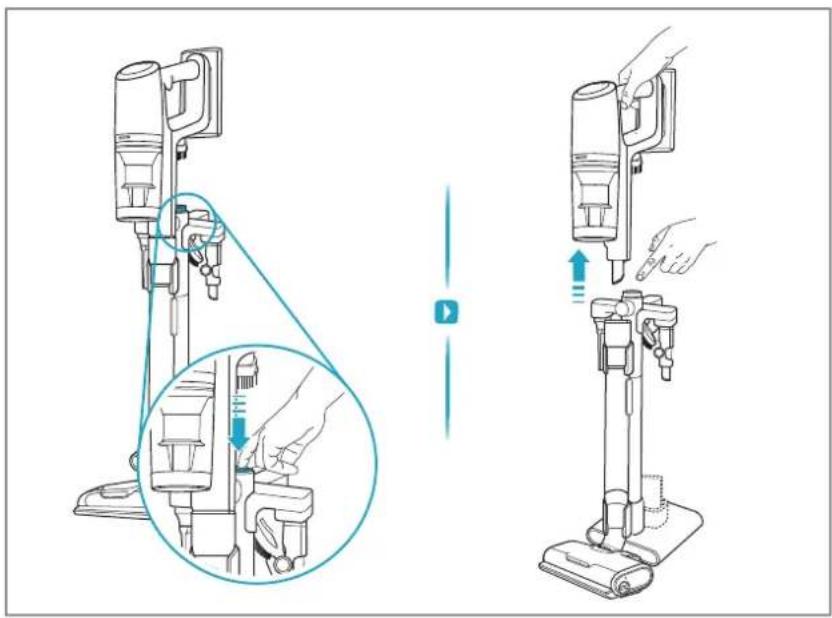 Technical diagram showing two steps of a vacuum cleaner's operation, with magnified views highlighting the process.
