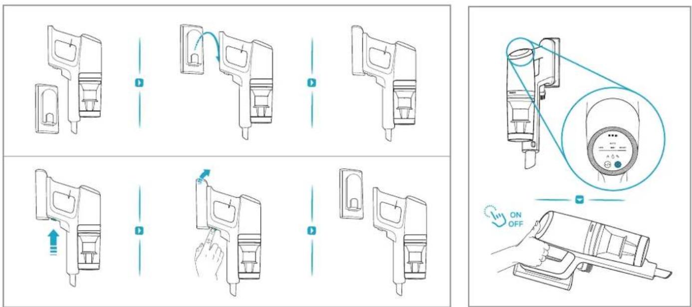 Technical diagram illustrating the step-by-step installation of a medical device with labeled components and directional arrows.