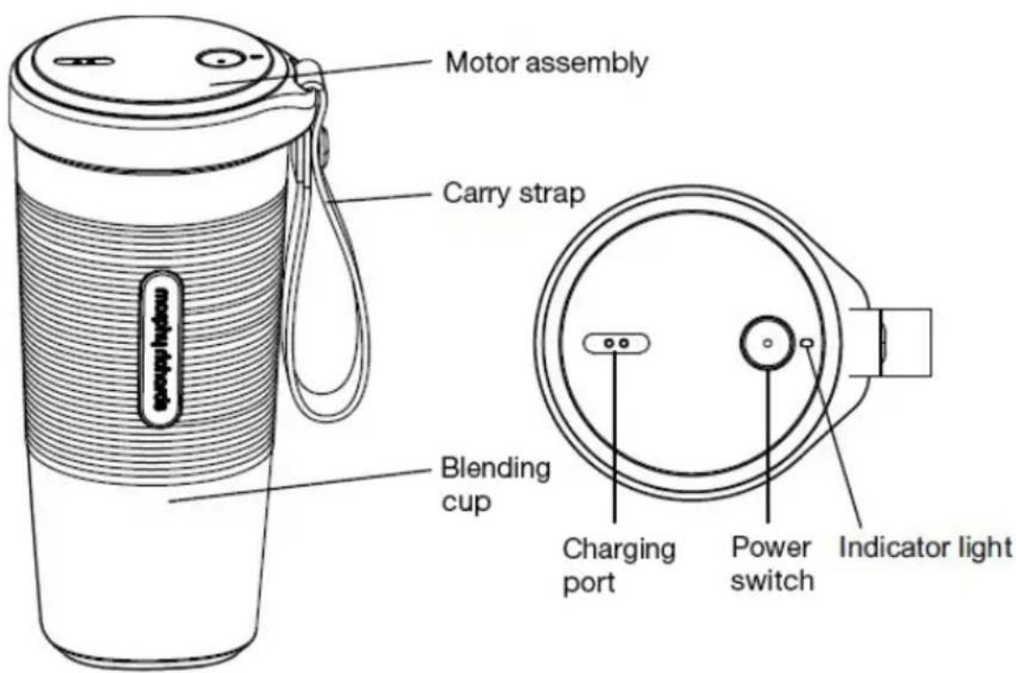 Motor assembly Carry strap Blending cup Charging port Power switch Indicator light
