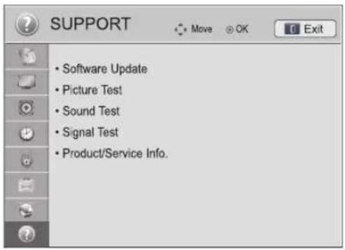 SUPPORT • Software Update • Picture Test • Sound Test • Signal Test • Product/Service Info.