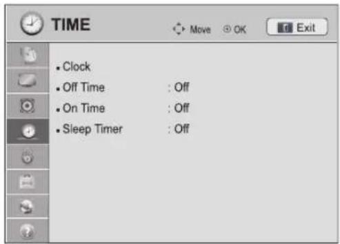 TIME Clock Off Time : Off On Time : Off Sleep Timer : Off