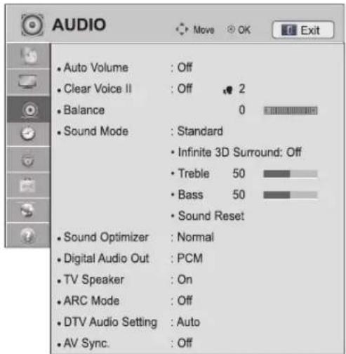 AUDIO • Auto Volume : Off • Clear Voice II : Off 2 • Balance 0 • Sound Mode : Standard • Infinite 3D Surround: Off • Treble 50 • Bass 50 • Sound Reset • Sound Optimizer : Normal • Digital Audio Out : PCM • TV Speaker : On • ARC Mode : Off • DTV Audio Setting : Auto • AV Sync. : Off