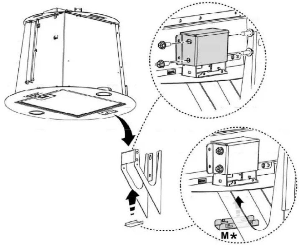Technical diagram illustrating a mechanical assembly with labeled components and directional arrows indicating motion or assembly steps.