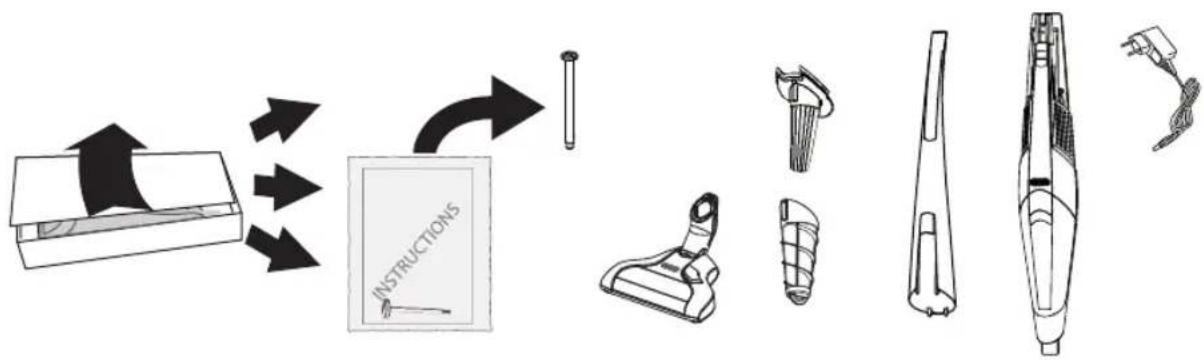Diagram illustrating various cleaning and inspection procedures with labeled parts including a box, instruction box, brush, and vacuum cleaner.