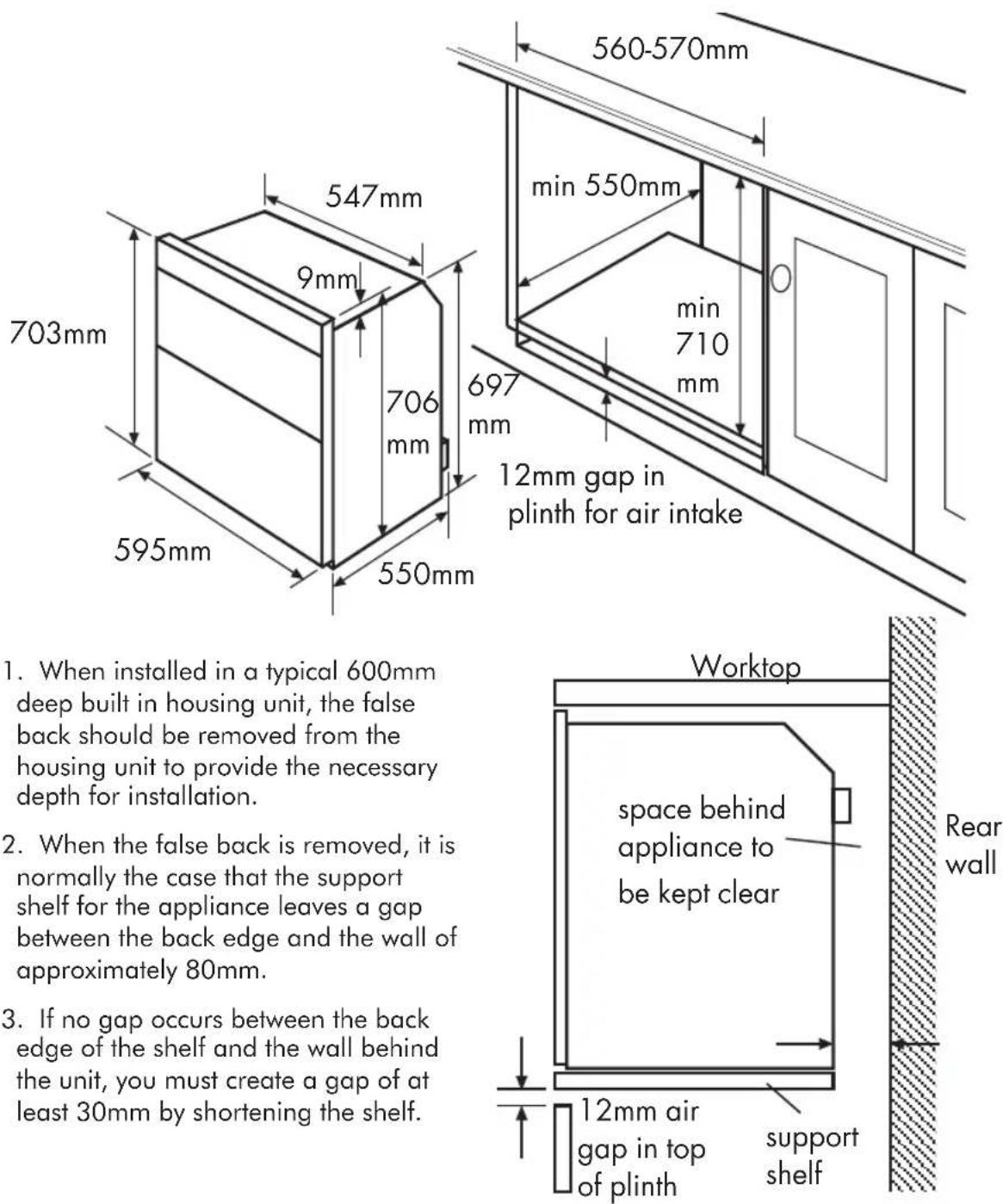 560-570mm min 550mm min 710 mm 703mm 547mm 9mm 706 mm 697 mm 595mm 550mm 12mm gap in plinth for air intake Worktop space behind appliance to be kept clear Rear wall 12mm air gap in top of plinth support shelf When installed in a typical 600mm deep built in housing unit, the false back should be removed from the housing unit to provide the necessary depth for installation. When the false back is removed, it is normally the case that the support shelf for the appliance leaves a gap between the back edge and the wall of approximately 80mm. If no gap occurs between the back edge of the shelf and the wall behind the unit, you must create a gap of at least 30mm by shortening the shelf.