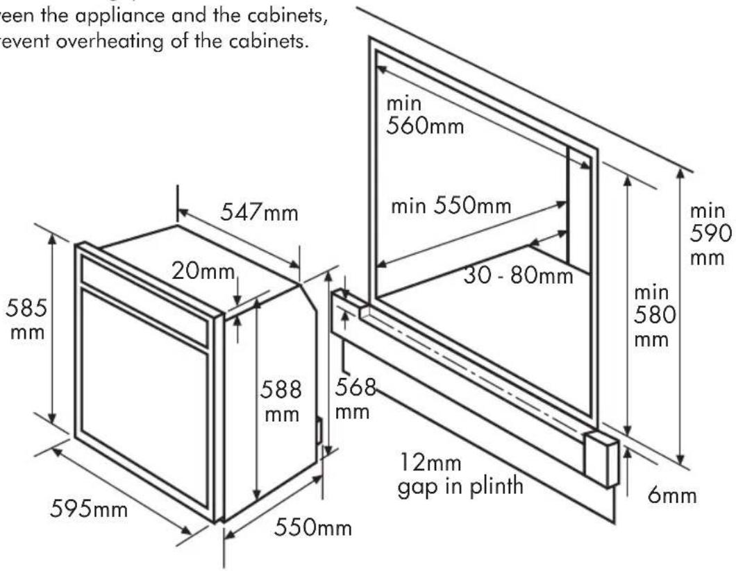 een the appliance and the cabinets, event overheating of the cabinets. 547mm min 560mm min 550mm 30 - 80mm 585mm min 590mm 588mm min 580mm 568mm 595mm 550mm 12mm gap in plinth 6mm