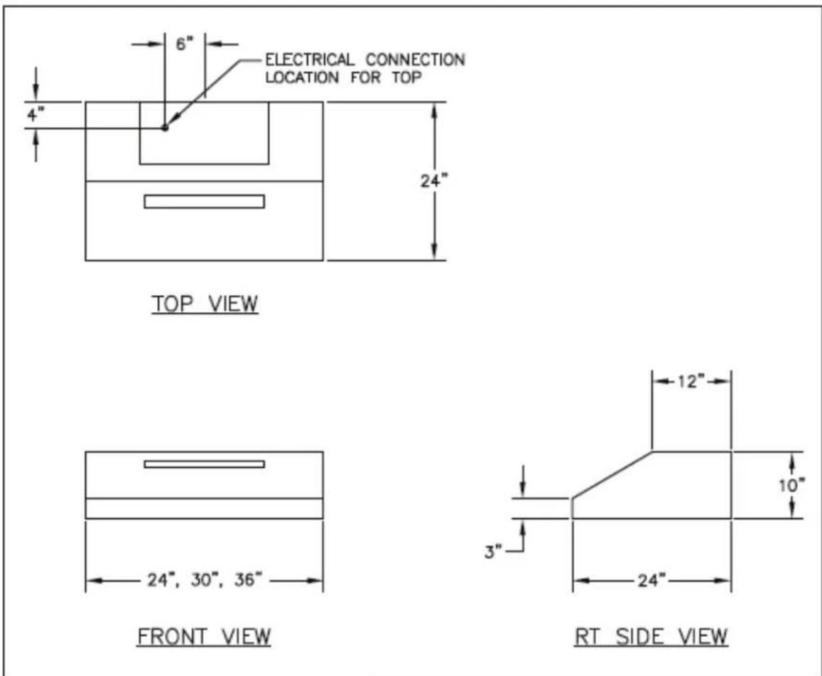 ELECTRICAL CONNECTION LOCATION FOR TOP 4" 24" TOP VIEW 24", 30", 36" FRONT VIEW 12" 10" 3" 24" RT SIDE VIEW