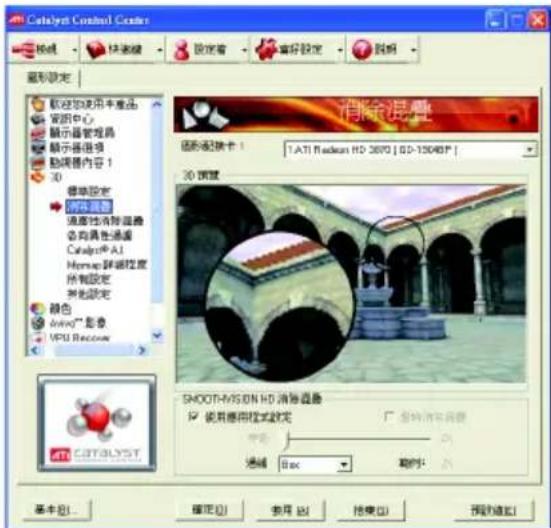Catalyst Control Center 路线 快滚键 設定着 偏好設定 說明 重視設定 取消使用本產品 資訊中心 顯示器管理器 顯示器維持 動調器內容 1 3D 標準設定 3D混疊度 滙度性消除混體 名稱異值通道 Catalyst® AI Hemap 詳解控度 所有設定 其他設定 顏色 driving 广影像 VPU Recovers 清除混疊 透明匹配卡 1 1.ATI Rackean HD 3670 | ISO-150487 | 3D 頭點 SMOOTH-VS/ON HD 消滑圖層 使用應用模式設定 透明消軟問題 中等 通線 Box 範圍: CTC CATALYST 基本(B) 確定(O) 移用(S) 結束(E) 預覽(OK)