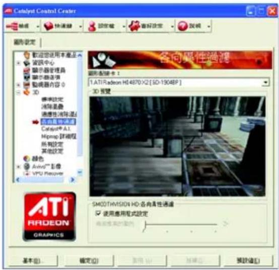 Cebayut Control Center 磁控 快速键 预览 备忘设定 视频 磁控設定 欢迎您使用本產品 資訊中心 顯示器管理器 顯示器选项 動機器內容 0 3D 顯示設定 消除星靈 過濟能性消除溫/ 各向異性通滤 Cebayut® A1 Hgmap 詳調程 所有設定 其他設定 顏色 Avivo™ 影像 VPU Recover ATI RADEON GRAPICS 各向異性通滤 磁控配置卡 1 1.ATI Radeon H04870X2[SD-1904BP] 3D 頭覽 SMODT/VISION HD: 各向異性通滤 使用應用程式設定 高溫度無線的電源 基本(B) 確定(O) 取消(C) 轉換(R) 預設值(E)