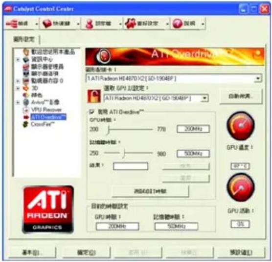 Catalyst Control Center 磁盘 快速键 锁定锁 重写设定 反向 图形设定 欢迎您使用本产品 资讯中心 显示器管理器 显示器选项 贴图器内容 0 3D 颜色 AutoTM 影像 VPU Recover ATI Overdrive™ CrossFirst™ ATI Overdrive™ 1.ATI Radeon H4870 X2 [ SD-19048P ] 选取 GPU AI 裁定: ATI Radeon H4870 X2 [ SD-19048P ] 启用 ATI Overdrive™ GPU 钢筋： 200 778 200MHz 記憶體時刻： 250 980 500MHz 結果： 取消 取消 2564211時刻 目前的時刻設定 GPU 钢筋： 200MHz 記憶體時刻： 50MHz GPU 温度： 87 °C GPU 活動： 0% 基本(B)... 確定(O) 取消(C) 恢復(R) 預設(E)
