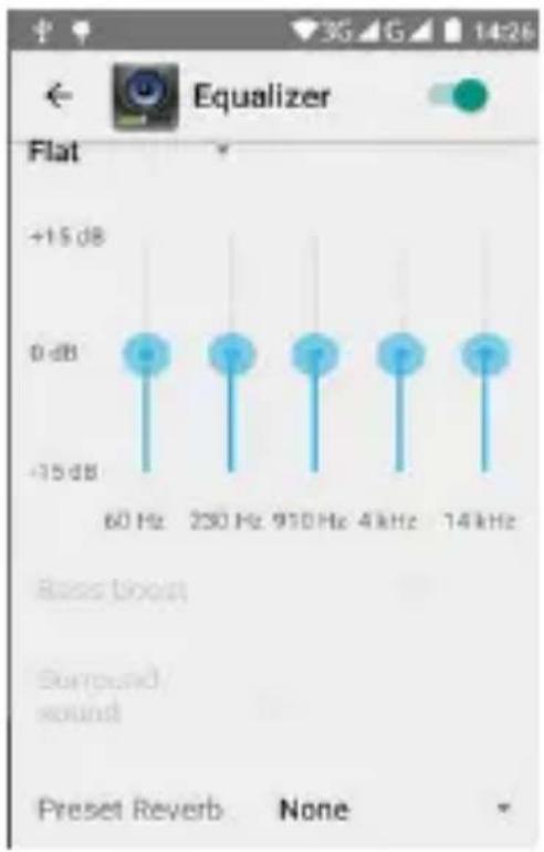 Equalizer Flat +15 dB 0 dB -15 dB 60 Hz 230 Hz 910 Hz 4 kHz 14 kHz Ross boost Surround sound Preset Reverb None