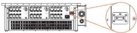 Diagram of an electronic device with labeled ports and a zoomed-in inset showing internal components