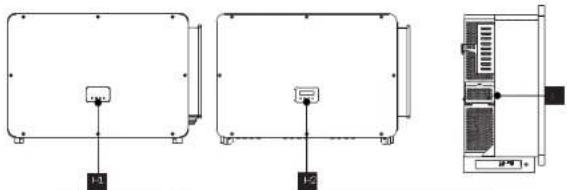 Technical diagram showing front and side views of a device with labeled ports and internal components