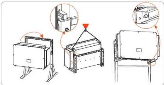 Technical diagram showing three stages of industrial equipment installation with zoomed-in views and component details