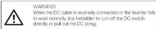 WARNING! When the DC cable is reversely connected or the inverter fails to work normally, it is forbidden to turn off the DC switch directly or pull out the DC string.