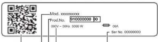 Mod. xxxxxxxxx Prod.No. 910000000 00 000V - 00Hz 0000 W COA Ser No. 00000000