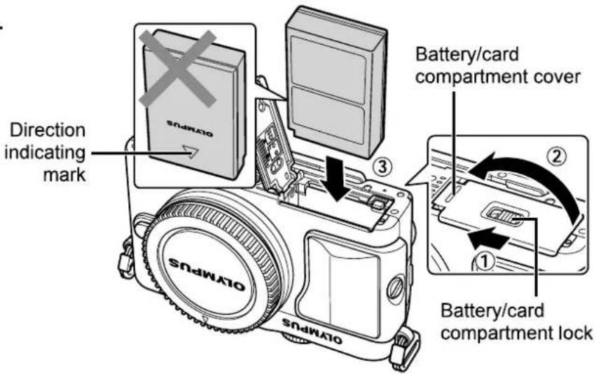 Direction indicating mark ③ Battery/card compartment cover ② Battery/card compartment lock