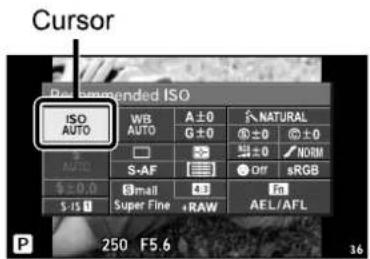 Cursor Dial - Unremended ISO ISO AUTO WB A ± 0 AUTO G ± 0 S-AF Off sRGB $ ± 0.0 $ -15 S-mail Super Fine +RAW AEL/AFL P 250 F5.6 36