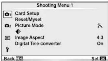 Shooting Menu 1 Card Setup Reset/Myset Picture Mode Image Aspect Digital Tele-converter Back MENU Set OK