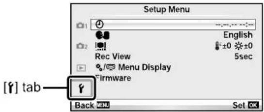 Setup Menu 1 English 2 ±0 ±0 Rec View 5sec % /○ Menu Display Firmware Back MENU Set OK