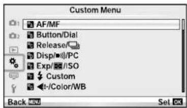Custom Menu AF/MF Button/Dial Release/ Disp/■//PC Exp/■//ISO Custom ←-//Color/WB Back Set