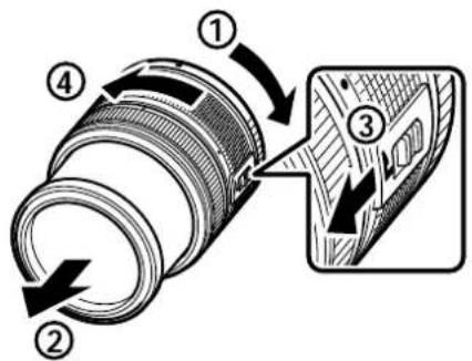 Diagram illustrating camera lens assembly with numbered parts and directional arrows indicating rotation or movement.