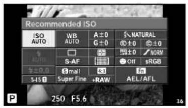 Recommended ISO ISO AUTO WB AUTO A ± 0 S NATURAL G ± 0 @ ± 0 AUTO □ ☑ @ ± 0 / NORM S-AF [ ] Off sRGB ± ± 0 Small 24 #AEL/AFL S-IS 2 Super Fine +RAW