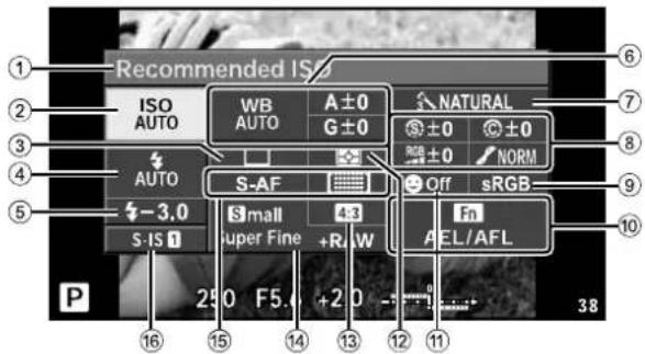 Recommended ISO ISO AUTO WB AUTO A ±0 G ±0 NATURAL ±0 ±0 ±0 NORM AUTO S-AF Off sRGB -3.0 S-IS Small super Fine +R/W Fn AEL/AFL P 250 F5.0 +2.0 -11 16 15 14 13 12 11 38