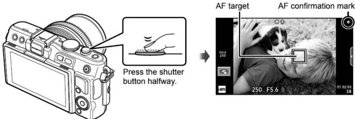 Press the shutter button halfway. AF target AF confirmation mark H50.A. 200 AUTO 250 F5.6 01:02:03 38