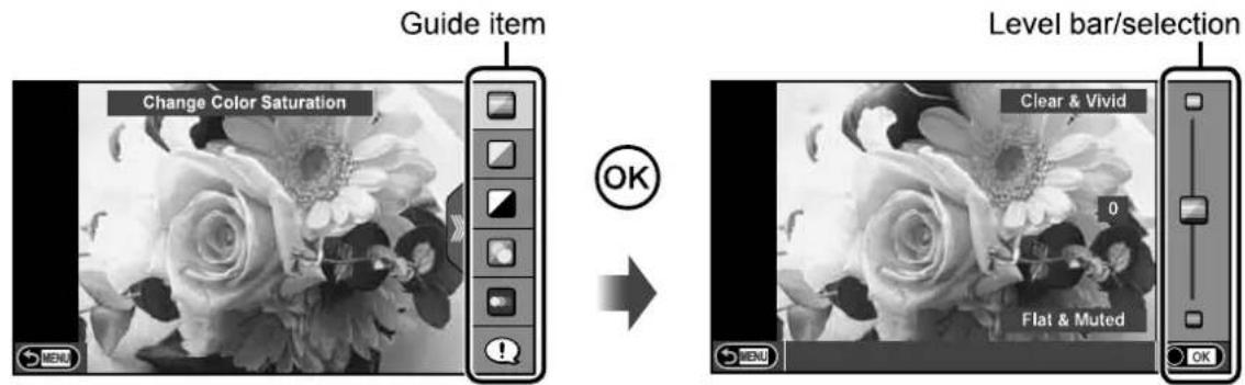 Guide item Change Color Saturation OK Level bar/selection Clear & Vivid 0 Flat & Muted OK