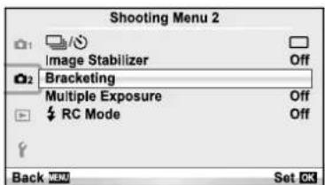 Shooting Menu 2 Image Stabilizer Off Bracketing Multiple Exposure Off RC Mode Off Back Menu Set OK